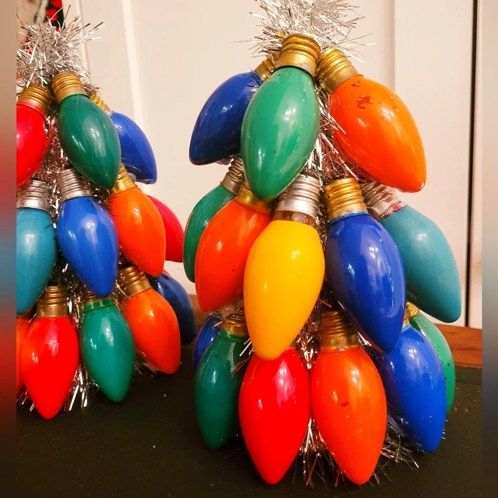 Set of 2 handmade vintage tinsel and lightbulb Christmas tree decorations